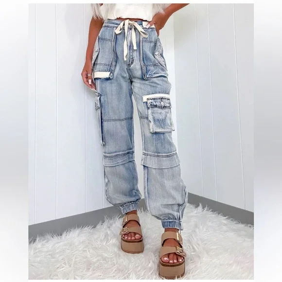 POL Multi Cargo Pocket Drawstring Waist Baggy Denim Joggers Women’s Large - Picture 1 of 15